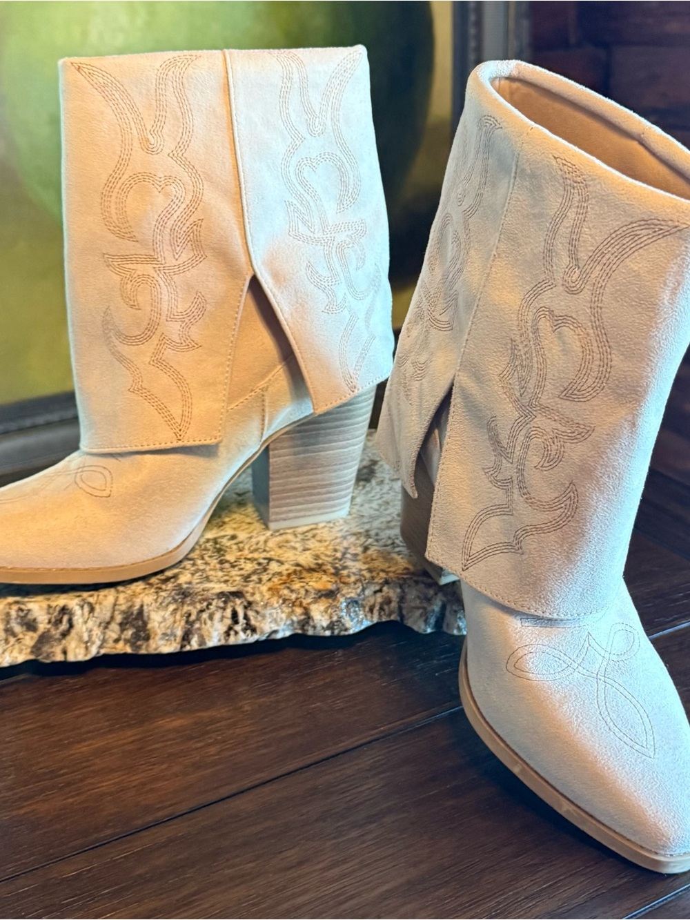 Dream Pairs Fold-Over Suede Ankle Boots in Light Beige